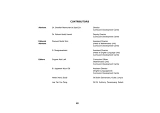 CONTRIBUTORS

Advisors    Dr. Sharifah Maimunah bt Syed Zin      Director
                                                   Curriculum Development Centre

            Dr. Rohani Abdul Hamid                 Deputy Director
                                                   Curriculum Development Centre

Editorial   Rusnani Mohd Sirin                     Assistant Director
Advisors                                           (Head of Mathematics Unit)
                                                   Curriculum Development Centre

            S. Sivagnanachelvi                     Assistant Director
                                                   (Head of English Language Unit)
                                                   Curriculum Development Centre

Editors     Sugara Abd Latif                       Curriculum Officer
                                                   (Mathematics Unit)
                                                   Curriculum Development Centre

            B. Jagdeesh Kaur Gill                  Assistant Director
                                                   (English LanguageUnit)
                                                   Curriculum Development Centre

            Helen Henry Sarjit                     SK Bukit Damansara, Kuala Lumpur

            Lee Tan Yen Peng                       SK St. Anthony, Penampang, Sabah




                                       65
 