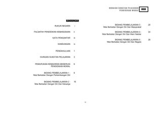 HURAIAN SUKATAN PELAJARAN
                                                                                                      KBSR
                                                                       PENDIDIKAN MORAL




                                    KANDUNGAN
                                                                      BIDANG PEMBELAJARAN 3 :                20
                       RUKUN NEGARA          i
                                                        Nilai Berkaitan Dengan Diri Dan Masyarakat

FALSAFAH PENDIDIKAN KEBANGSAAN              ii                         BIDANG PEMBELAJARAN 4 :               24
                                                       Nilai Berkaitan Dengan Diri Dan Alam Sekitar
                     KATA PENGANTAR         iii
                                                                      BIDANG PEMBELAJARAN 5 :                28
                                                            Nilai Berkaitan Dengan Diri Dan Negara
                           KANDUNGAN        iv


                        PENDAHULUAN         1


       HURAIAN SUKATAN PELAJARAN            3


  PEMUPUKAN KEMAHIRAN MENERUSI              6
              PENDIDIKAN MORAL


             BIDANG PEMBELAJARAN 1 :        8
Nilai Berkaitan Dengan Perkembangan Diri


            BIDANG PEMBELAJARAN 2 :         16
 Nilai Berkaitan Dengan Diri Dan Keluarga




                                                  iv
 