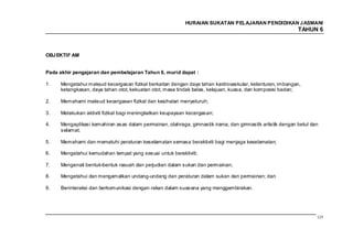 HURAIAN SUKATAN PELAJARAN PENDIDIKAN J ASMANI
                                                                                                            TAHUN 6



OBJ EKTIF AM


Pada akhir pengajaran dan pembelajaran Tahun 6, murid dapat :

1.    Mengetahui maksud kecergasan fizikal berkaitan dengan daya tahan kardiovaskular, kelenturan, imbangan,
      ketangkasan, daya tahan otot, kekuatan otot, masa tindak balas, kelajuan, kuasa, dan komposisi badan;

2.    Memahami maksud kecergasan fizikal dan kesihatan menyeluruh;

3.    Melakukan aktiviti fizikal bagi meningkatkan keupayaan kecergasan;

4.    Mengaplikasi kemahiran asas dalam permainan, olahraga, gimnastik irama, dan gimnastik artistik dengan betul dan
      selamat;

5.    Memahami dan mematuhi peraturan keselamatan semasa beraktiviti bagi menjaga keselamatan;

6.    Mengetahui kemudahan tempat yang sesuai untuk beraktiviti;

7.    Mengenali bentuk-bentuk rasuah dan perjudian dalam sukan dan permainan;

8.    Mengetahui dan mengamalkan undang-undang dan peraturan dalam sukan dan permainan; dan

9.    Berinteraksi dan berkomunikasi dengan rakan dalam suasana yang menggembirakan.




                                                                                                                    125
 