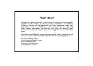 RUKUN NEGARA

Bahawasanya negara kita Malaysia mendukung cita-cita hendak mencapai perpaduan
yang lebih erat di kalangan seluruh masyarakatnya; memelihara satu cara hidup
demokratik; mencipta satu masyarakat yang adil di mana kemakmuran negara akan
dapat dinikmati bersama secara adil dan saksama; menjamin satu cara hidup yang
liberal terhadap tradisi-tradisi kebudayaannya yang kaya dan berbagai corak;
membina satu masyarakat progresif yang akan menggunakan sains dan teknologi
moden;

MAKA KAMI, rakyat Malaysia, berikrar akan menumpukan seluruh tenaga dan usaha
kami untuk mencapai cita-cita tersebut berdasarkan atas prinsip-prinsip yang berikut :

Kepercayaan kepada Tuhan
Kesetiaan kepada Raja dan Negara
Keluhuran Perlembagaan
Kedaulatan Undang-Undang
Kesopanan dan Kesusilaan




                                                                                         v
 