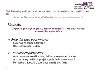 Résultats
« Je pense que le plus gros [facteur de succès] c’est d’enlever les
de travailler ensemble »
 Briser les silos pour innover
• Livraison de repas à domicile
• Déneigement de l’entrée
 Travailler en partenariat
• Avec des ressources limitées, éviter de réinventer la roue
• Assurer la légitimité du projet auprès de la communauté
• Permettre l’adoption, confiance auprès des aînés
30
Catherine Bigonnesse et Majella Dupuis [catherine.bigonnesse@umoncton.ca]
Guichet unique de services de soutien communautaire pour vieillir chez
soi
 