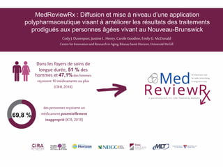 69,8 %
des personnes reçoivent un
médicament potentiellement
inapproprié(ICIS, 2018)
Dans les foyers de soins de
longue durée, 51 % des
hommes et 47,1% des femmes
reçoivent 10 médicaments ou plus
(CIHI, 2018)
MedReviewRx : Diffusion et mise à niveau d’une application
polypharmaceutique visant à améliorer les résultats des traitements
prodigués aux personnes âgées vivant au Nouveau-Brunswick
CodyJ. Davenport, Justine L. Henry, Carole Goodine, EmilyG. McDonald
CentreforInnovationandResearchin Aging,RéseauSantéHorizon,UniversitéMcGill
 