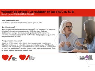 42
Avec qui travaillons-nous?
Les aînés qui retournent dans leur milieu de vie après un AVC.
Que faisons-nous?
Nous offrons un service de navigation en cas d’AVC. Les navigateurs en cas d’AVC
offrent de l’information pratique concernant l’AVC, des plans d’aide au
rétablissement ainsi que des ressources de gestion de l’AVC, orientent les
personnes vers les services pertinents et offrent des stratégies pour naviguer dans
le système de soins de santé.
Pourquoi faisons-nous cela?
Suite à un AVC, le patient et les aidants disent souvent que la transition entre
l’hôpital et le milieu de vie est un défi majeur. La navigation en cas d’AVC aide les
victimes d’AVC à s’adapter pour reprendre leur vie dans la collectivité. La navigation
en cas d’AVC est alignée sur les soins fondés sur des pratiques exemplaires. Avant
ce service, il y avait des lacunes dans les soins.
Beverly Kemp (bkemp@hsf.nb.ca)
 