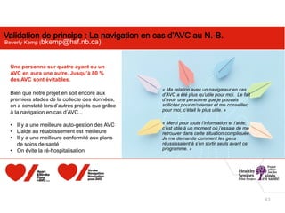 43
Beverly Kemp (bkemp@hsf.nb.ca)
Une personne sur quatre ayant eu un
AVC en aura une autre. Jusqu’à 80 %
des AVC sont évitables.
Bien que notre projet en soit encore aux
premiers stades de la collecte des données,
on a constaté lors d’autres projets que grâce
à la navigation en cas d’AVC...
• Il y a une meilleure auto-gestion des AVC
• L’aide au rétablissement est meilleure
• Il y a une meilleure conformité aux plans
de soins de santé
• On évite la ré-hospitalisation
« Ma relation avec un navigateur en cas
d’AVC a été plus qu’utile pour moi. Le fait
d’avoir une personne que je pouvais
solliciter pour m’orienter et me conseiller,
pour moi, c’était le plus utile. »
« Merci pour toute l’information et l’aide;
c’est utile à un moment où j’essaie de me
retrouver dans cette situation compliquée.
Je me demande comment les gens
réussissaient à s’en sortir seuls avant ce
programme. »
 