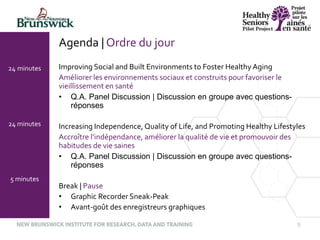 5
Improving Social and Built Environments to Foster Healthy Aging
Améliorer les environnements sociaux et construits pour favoriser le
vieillissement en santé
• Q.A. Panel Discussion | Discussion en groupe avec questions-
réponses
Increasing Independence, Quality of Life, and Promoting Healthy Lifestyles
Accroître l’indépendance, améliorer la qualité de vie et promouvoir des
habitudes de vie saines
• Q.A. Panel Discussion | Discussion en groupe avec questions-
réponses
Break | Pause
• Graphic Recorder Sneak-Peak
• Avant-goût des enregistreurs graphiques
24 minutes
24 minutes
5 minutes
Agenda | Ordre du jour
 
