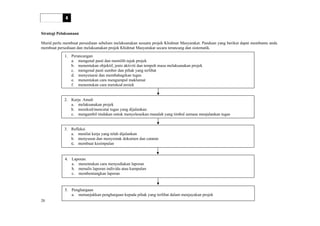 HURAIAN SUKATAN PELAJARAN
PENDIDIKAN SIVIK DAN KEWARGANEGARAAN
TINGKATAN 4
Strategi Pelaksanaan
Murid perlu membuat persediaan sebelum melaksanakan sesuatu projek Khidmat Masyarakat. Panduan yang berikut dapat membantu anda
membuat persediaan dan melaksanakan projek Khidmat Masyarakat secara terancang dan sistematik.
1. Perancangan
a. mengenal pasti dan memilih tajuk projek
b. menentukan objektif, jenis aktiviti dan tempoh masa melaksanakan projek
c. mengenal pasti sumber dan pihak yang terlibat
d. menyenarai dan membahagikan tugas
e. menentukan cara mengumpul maklumat
f. menentukan cara merekod projek
2. Kerja Amali
a. melaksanakan projek
b. merekod/mencatat tugas yang dijalankan
c. mengambil tindakan untuk menyelesaikan masalah yang timbul semasa menjalankan tugas
3. Refleksi
a. menilai kerja yang telah dijalankan
b. menyusun dan menyemak dokumen dan catatan
c. membuat kesimpulan
4. Laporan
a. menentukan cara menyediakan laporan
b. menulis laporan individu atau kumpulan
c. membentangkan laporan
5. Penghargaan
a. menunjukkan penghargaan kepada pihak yang terlibat dalam menjayakan projek
20
 