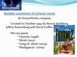 Notable companies of cartoon movie
          B) DreamWorks company
     -Created in October 1994 by Steven Spielberg,
 Jeffrey Katzenberg and David Geffen

   -We can quote
        * Fourmiz (1998)
        * Shrek (2001)
        * Gang of shark (2004)
        * Madagascar (2005)
 