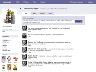 facebook                    Wall       Photos            Flair          Boxes                                                       Animation Movies   Logout



                                   •   Hema Venkatesh is presenting the presentation titled Animation Movies

                                         Wall            Info          Photos          Boxes


                                       Write something…
                                       The Polar Express becomes the first fully-animated film to use motion capture technology to
                                                                                                                                           Share
                                       render all of its characters 2004


View Animation Movies
                                                The Oscars create a category entitled "Best Animated Film," with Shrek the first
Send Pixar a message
                                                movie to win said award.
Poke                                            2002

                                                The first computer-animated film, Toy Story, is released to theaters
Information                                     1995

Networks:
Washington D.C.
Birthday:
May 29, 1917
                                                Beauty and the Beast becomes the first fully animated film to receive an
Political:                                      Oscar nomination for Best Picture.
Democrat                                        1991
Religion:
Catholic
Hometown:                                       Pixar's first short, Luxo Jr., is released. It's the first computer-animated short
Brookline, Mass.                                to receive an Academy Award nomination .
                                                1986
Friends
                                                Ralph Bakshi's Fritz the Cat is released as the first X-rated animated feature in
                                                cinematic history.
                                                1972


LBJ         Frank       Marilyn                 Snow White and the Seven Dwarfs, Walt Disney's initial foray into the
                                                world of full-length animation and the first such production to emerge out of the
                                                United States, is released..
                                                1937


Bobby       Jackie      Robert
 
