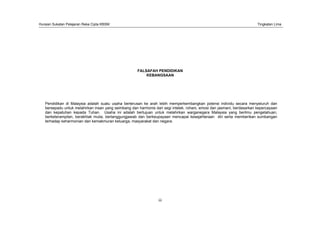 Huraian Sukatan Pelajaran Reka Cipta KBSM Tingkatan Lima
iii
FALSAFAH PENDIDIKAN
KEBANGSAAN
Pendidikan di Malaysia adalah suatu usaha berterusan ke arah lebih memperkembangkan potensi individu secara menyeluruh dan
bersepadu untuk melahirkan insan yang seimbang dan harmonis dari segi intelek, rohani, emosi dan jasmani, berdasarkan kepercayaan
dan kepatuhan kepada Tuhan. Usaha ini adalah bertujuan untuk melahirkan warganegara Malaysia yang berilmu pengetahuan,
berketerampilan, berakhlak mulia, bertanggungjawab dan berkeupayaan mencapai kesejahteraan diri serta memberikan sumbangan
terhadap keharmonian dan kemakmuran keluarga, masyarakat dan negara.
 