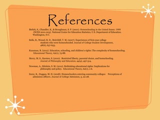 ReferencesBielick, S., Chandler, K., & Broughman, S. P. (2001). Homeschooling in the United States: 1999
       (NCES 2001-003). National Center for Education Statistics, U.S. Department of Education.
Washington, D.C.
Bolle, B., Wessel, R. D., Mulvihill, T. M. (2007). Experiences of first-year college
students who were homeschooled. Journal of College Student Development,
48(6), 637-653.
Kunzman, R. (2012). Education, schooling, and children’s rights: The complexity of homeschooling.
       Educational Theory, 62(1), 75-88.
Merry, M. S., Karsten, S. (2010). Restricted liberty, parental choice, and homschooling.
Journal of Philosophy and Education, 44(4), 497-514.
Newman, A., Stitzlein, S. M. (2012). Rethinking educational rights: Implications for
philosophy and policy. Educational Theory, 62(1), 1-6.
Sorey, K., Duggan, M. H. (2008). Homeschoolers entering community colleges: Perceptions of
admission officers. Journal of College Admission, 3, 22-28.
 