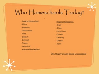 Who Homeschools Today?
Why Illegal? Usually Social unacceptable
 