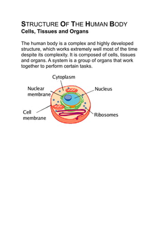 STRUCTURE OF THE HUMAN BODY
Cells, Tissues and Organs

The human body is a complex and highly developed
structure, which works extremely well most of the time
despite its complexity. It is composed of cells, tissues
and organs. A system is a group of organs that work
together to perform certain tasks.
 