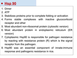 ● Hsp 90
1. Dimer
2. ATP
3. Stabilizes proteins prior to complete folding or activation
4. Forms stable complexes with inactive glucocorticoid
receptor and other
5. Most abundant non-ribosomal protein (cytosolic version)
6. Most abundant protein in endoplasmic reticulum (ER
version)
7. Cytoplasmic Hsp90 is responsible for pathogen resistance
by reacting with resistance protein (R) which is the signal
receptor from the pathogen.
8. Hsp90 was an essential component of innate-immune
response and pathogenic resistance in rice.
 