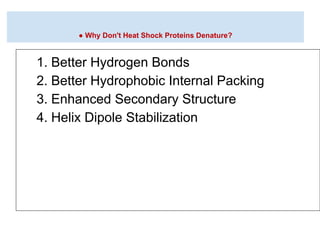 ● Why Don't Heat Shock Proteins Denature?
1. Better Hydrogen Bonds
2. Better Hydrophobic Internal Packing
3. Enhanced Secondary Structure
4. Helix Dipole Stabilization
 