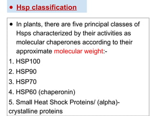 ● Hsp classification
● In plants, there are five principal classes of
Hsps characterized by their activities as
molecular chaperones according to their
approximate molecular weight:-
1. HSP100
2. HSP90
3. HSP70
4. HSP60 (chaperonin)
5. Small Heat Shock Proteins/ (alpha)-
crystalline proteins
 