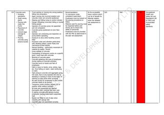 024 Concrete work
• Pumping
operations
• Small mixing
plants
• Pouring with
ready mix
trucks
• Placement of
concrete
• Cement bags
(storage &
usage)
• Pouring
concrete using
banana bucket.
- Truck parking or moving into wrong position,
falling into excavation.
- Again moving into incorrect position and
concrete chute not correctly positioned.
- Slipping and falling trying to control vibrator.
- Danger offloading (concrete) falling or bucket
hitting people.
- Operator of concrete pump not appointed
and not competent.
- Concrete pump positioned on even floor
surface.
- Operator not conducting pre-inspection on
pump before operating.
- Exposure to silica while handling cement
bags.
- Excessive noise and vibration particularly
with vibrating pokers, power floats and
mechanical screed boards.
- Manual handling – particularly movement of
material by spade / shovel.
- Gross spillage of concrete.
- Overloading of temporary works on a specific
point / point load with concrete.
- Blocking of concrete pipes.
- Concrete splashing into eyes of employees
during casting of concrete activities.
- Concrete burns to hands and feet of
employees.
- Falls or injury to hands, arms, ankles, legs
etc. from falling on mesh / steel reinforcing
on deck.
- High pressure concrete and aggregate going
into eyes, face or any exposed skin due to
standing or working in front of end hose, or
opening up pipe joints when pumping.
- No safe access for employees to area where
concrete needs to be poured.
- Temporary works shutters moving out of
position while casting concrete.
- All tools and equipment not cleaned
thoroughly after concrete has been cast.
- If casting concrete with banana bucket,
employees moving underneath suspended
load.
- Basket not fitted to end of pipe when
cleaning with sponge ball.
- Concrete pipe not assembled correctly.
: Recommendation:
- To commence under
competent supervision.
- Employees must be trained on
the pouring procedures to
follow.
- Material used for pouring must
be inspected before and
during use to ensure the
safety of personnel.
- Employees must be provided
with the PPE as determined in
the task risk assessment
As far as possible
have a picture which
can be of benefit for
illiterate readers
when the detailed
risk assessment is
done.
N/A H&S 6 E 6E Occupational
Health and
Safety Act and
Regulations (85
of 1993) and
incorporated
safety
standards.
 