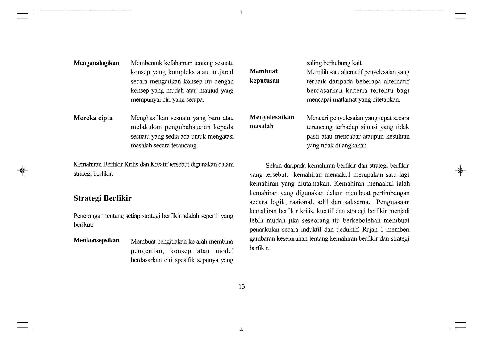 Menganalogikan        Membentuk kefahaman tentang sesuatu                                    saling berhubung kait.
                      konsep yang kompleks atau mujarad                Membuat               Memilih satu alternatif penyelesaian yang
                      secara mengaitkan konsep itu dengan              keputusan             terbaik daripada beberapa alternatif
                      konsep yang mudah atau maujud yang                                     berdasarkan kriteria tertentu bagi
                      mempunyai ciri yang serupa.                                            mencapai matlamat yang ditetapkan.

Mereka cipta          Menghasilkan sesuatu yang baru atau              Menyelesaikan         Mencari penyelesaian yang tepat secara
                      melakukan pengubahsuaian kepada                  masalah               terancang terhadap situasi yang tidak
                      sesuatu yang sedia ada untuk mengatasi                                 pasti atau mencabar ataupun kesulitan
                      masalah secara terancang.                                              yang tidak dijangkakan.

Kemahiran Berfikir Kritis dan Kreatif tersebut digunakan dalam                Selain daripada kemahiran berfikir dan strategi berfikir
strategi berfikir.                                                     yang tersebut, kemahiran menaakul merupakan satu lagi
                                                                       kemahiran yang diutamakan. Kemahiran menaakul ialah
                                                                       kemahiran yang digunakan dalam membuat pertimbangan
Strategi Berfikir                                                      secara logik, rasional, adil dan saksama. Penguasaan
                                                                       kemahiran berfikir kritis, kreatif dan strategi berfikir menjadi
Penerangan tentang setiap strategi berfikir adalah seperti yang
                                                                       lebih mudah jika seseorang itu berkebolehan membuat
berikut:
                                                                       penaakulan secara induktif dan deduktif. Rajah 1 memberi
Menkonsepsikan        Membuat pengitlakan ke arah membina              gambaran keseluruhan tentang kemahiran berfikir dan strategi
                      pengertian, konsep atau model                    berfikir.
                      berdasarkan ciri spesifik sepunya yang


                                                                  13
 