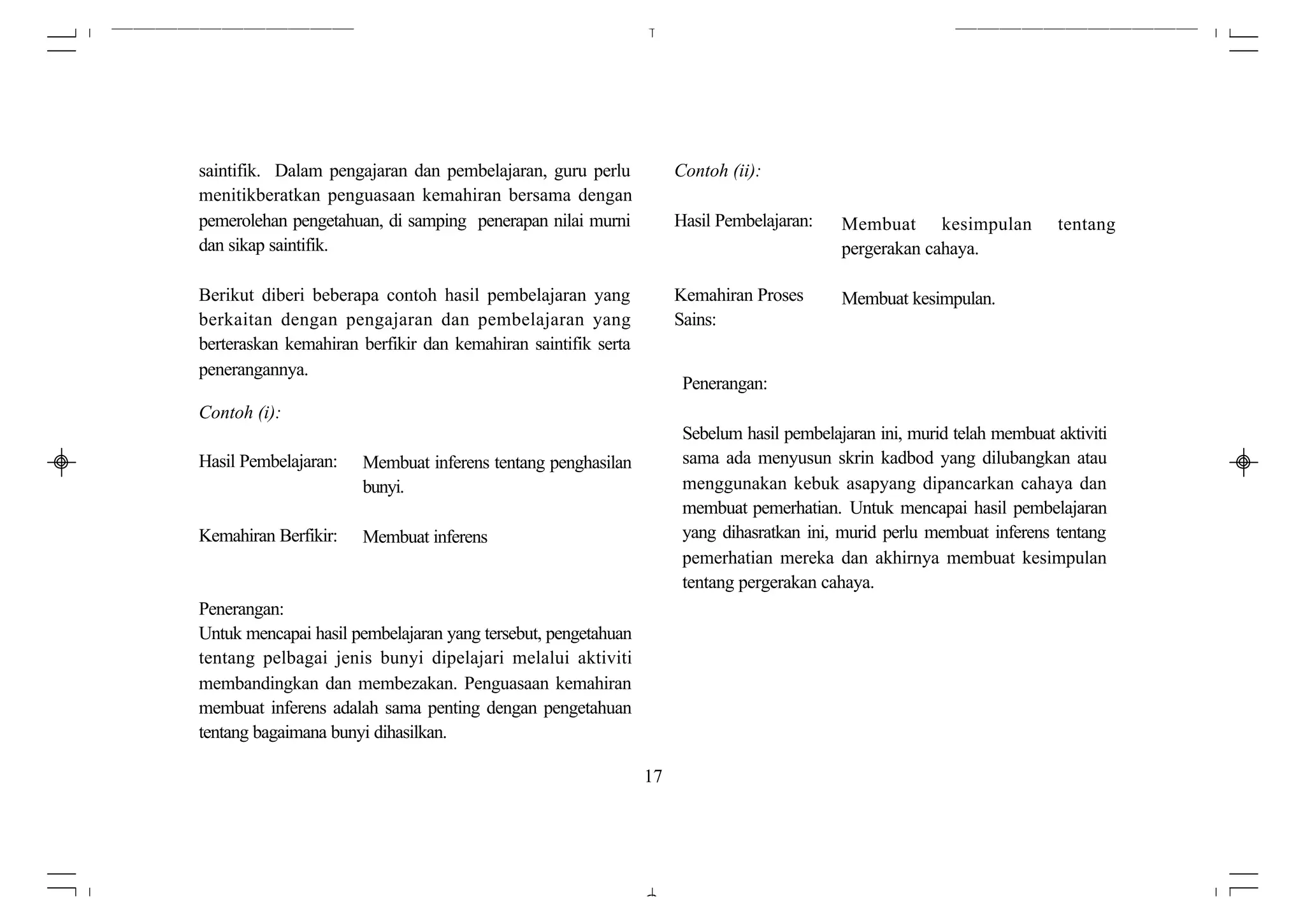 saintifik. Dalam pengajaran dan pembelajaran, guru perlu            Contoh (ii):
menitikberatkan penguasaan kemahiran bersama dengan
pemerolehan pengetahuan, di samping penerapan nilai murni           Hasil Pembelajaran:    Membuat kesimpulan             tentang
dan sikap saintifik.                                                                       pergerakan cahaya.

Berikut diberi beberapa contoh hasil pembelajaran yang              Kemahiran Proses       Membuat kesimpulan.
berkaitan dengan pengajaran dan pembelajaran yang                   Sains:
berteraskan kemahiran berfikir dan kemahiran saintifik serta
penerangannya.
                                                                     Penerangan:
Contoh (i):
                                                                     Sebelum hasil pembelajaran ini, murid telah membuat aktiviti
Hasil Pembelajaran:   Membuat inferens tentang penghasilan           sama ada menyusun skrin kadbod yang dilubangkan atau
                      bunyi.                                         menggunakan kebuk asapyang dipancarkan cahaya dan
                                                                     membuat pemerhatian. Untuk mencapai hasil pembelajaran
Kemahiran Berfikir:   Membuat inferens                               yang dihasratkan ini, murid perlu membuat inferens tentang
                                                                     pemerhatian mereka dan akhirnya membuat kesimpulan
                                                                     tentang pergerakan cahaya.
Penerangan:
Untuk mencapai hasil pembelajaran yang tersebut, pengetahuan
tentang pelbagai jenis bunyi dipelajari melalui aktiviti
membandingkan dan membezakan. Penguasaan kemahiran
membuat inferens adalah sama penting dengan pengetahuan
tentang bagaimana bunyi dihasilkan.

                                                               17
 