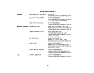 ACKNOWLEDGEMENTS

Advisors             MAHZAN BAKAR SMP, AMP    DIRECTOR
                                              CURRICULUM DEVELOPMENT CENTRE
                     ZULKIFLY MOHD. WAZIR     DEPUTY DIRECTOR
                                              CURRICULUM DEVELOPMENT CENTRE
                                              (JULY 2005 UNTIL AUGUST 2006)
                     MAZNAH ABDUL HAMID       DEPUTY DIRECTOR
                                              CURRICULUM DEVELOPMENT CENTRE
Editorial Advisors   CHEAH ENG JOO            PRINCIPAL ASSISTANT DIRECTOR
                                              (SCIENCE AND MATHEMATICS SECTION)
                                              CURRICULUM DEVELOPMENT CENTRE
                     YEAP CHIN HENG (PH.D)    ASSISTANT DIRECTOR
                                              (HEAD OF CORE SCIENCE UNIT)
                                              CURRICULUM DEVELOPMENT CENTRE
                                              (UNTIL JULY 2005)
                     HO HENG LING             ASSISTANT DIRECTOR
                                              (HEAD OF CORE SCIENCE UNIT)
                                              CURRICULUM DEVELOPMENT CENTRE
                     ZAIDI YAZID              ASSISTANT DIRECTOR
                                              (HEAD OF ELECTIVE SCIENCE UNIT)
                                              CURRICULUM DEVELOPMENT CENTRE
                                              (UNTIL DEC. 2005)
                     ZAIDAH MOHD. YUSOFF      ASSISTANT DIRECTOR
                                              (HEAD OF ELECTIVE SCIENCE UNIT)
                                              CURRICULUM DEVELOPMENT CENTRE
Editor               ZAINON ABD MAJID         ASSISTANT DIRECTOR
                                              CURRICULUM DEVELOPMENT CENTRE




                                             49
 