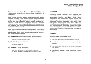 Huraian Sukatan Pelajaran Sejarah
Sekolah Menengah Rendah
3
Daripada enam tema di atas, Tema 1 dan 2 dipelajari di Tingkatan
I, diikuti dengan Tema 3 dan 4 di Tingkatan II dan Tema 5 dan 6 di
Tingkatan III.
Selain mengkaji tema-tema tersebut, aspek-aspek tentang Sejarah
Tempatan turut dikaji. Kajian Sejarah Tempatan bertujuan memberi
pengalaman secara langsung kepada murid mengkaji aspek-aspek
sejarah yang ada di sekeliling mereka. Melalui pengkajian ini,
kemahiran seperti mencari, mengumpul, mengelas, mentafsir
maklumat dan fakta sejarah dapat dipertingkatkan. Pengalaman ini
juga diharapkan akan dapat menimbulkan kepekaan dan memupuk
minat pelajar terhadap sejarah.
Kajian Sejarah Tempatan memberi tumpuan kepada hal-hal yang
bersangkutan dengan keadaan setempat. Unsur-unsur yang boleh
dijadikan kajian seperti tokoh, peristiwa, perkembangan ekonomi,
adat resam dan tradisi setempat.
Bagi Tingkatan I kandungan Kajian Sejarah Tempatan meliputi:
SEJARAH DIRI DAN KELUARGA
Bagi Tingkatan 2 liputan kajian ialah:
SEJARAH SEKOLAH
Bagi Tingkatan 3 liputan kajian ialah:
SEJARAH PERSEKITARAN KAWASAN SEKOLAH
SEJARAH KAWASAN TEMPAT TINGGAL/KEDIAMAN
MATLAMAT
Pendidikan Sejarah bertujuan untuk memupuk dan
memperkukuh semangat setia negara dan jati diri sebagai
warganegara Malaysia dan warga dunia. Melalui
pengetahuan dan penghayatan sejarah tanahair dan
sejarah negara luar yang berkaitan, para murid dapat
memahami keadaan masyarakat dan negara serta
hubungannya dengan sejarah dunia. Usaha ini bertujuan
mewujudkan semangat perpaduan dan kekitaan bangsa
dan negara Malaysia. Pendidikan Sejarah juga dapat
mewujudkan ingatan bersama terhadap Sejarah sebagai
rangka rujukan kesedaran kebangsaan dan persefahaman
antarabangsa.
OBJEKTIF
Kurikulum sejarah membolehkan murid :
1. menyusur galur sejarah diri dan salasilah keluarga;
2. menulis dan menghuraikan sejarah perkembangan
sekolah;
3. menyatakan asal usul dan perkembangan masyarakat
dan negara;
4. menyatakan warisan tradisi Kesultanan Melayu
Melaka;
 
