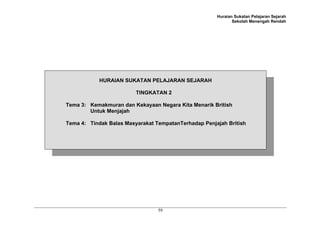 Huraian Sukatan Pelajaran Sejarah
Sekolah Menengah Rendah
59
HURAIAN SUKATAN PELAJARAN SEJARAH
TINGKATAN 2
Tema 3: Kemakmuran dan Kekayaan Negara Kita Menarik British
Untuk Menjajah
Tema 4: Tindak Balas Masyarakat TempatanTerhadap Penjajah British
 