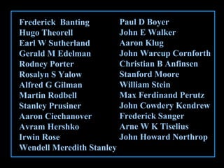 Frederick Banting
Hugo Theorell
Earl W Sutherland
Gerald M Edelman
Rodney Porter
Rosalyn S Yalow
Alfred G Gilman
Martin Rodbell
Stanley Prusiner
Aaron Ciechanover
Avram Hershko
Irwin Rose
Wendell Meredith Stanley
Paul D Boyer
John E Walker
Aaron Klug
John Warcup Cornforth
Christian B Anfinsen
Stanford Moore
William Stein
Max Ferdinand Perutz
John Cowdery Kendrew
Frederick Sanger
Arne W K Tiselius
John Howard Northrop
 