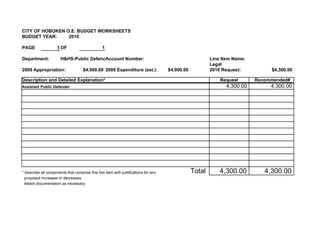 CITY OF HOBOKEN O.E. BUDGET WORKSHEETS
BUDGET YEAR:     2010

PAGE                 1 OF                        1

Department:            H&HS-Public Defender
                                         Account Number:                                                 Line Item Name:
                                                                                                         Legal
2009 Appropriation:                  $4,000.00 2009 Expenditure (est.):              $4,000.00           2010 Request:          $4,300.00

Description and Detailed Explanation*                                                                        Request       Recommended#
Assistant Public Defender                                                                                      4,300.00         4,300.00




* Describe all components that comprise this line item with justifications for any               Total       4,300.00         4,300.00
  proposed increases or decreases.
  Attach documentation as necessary
 