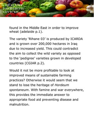 www.onislam.net
Healthy
Prophetic
Advices - 108 -
found in the Middle East in order to improve
wheat (adelaide p.1).
The variety ‘Rihane 03' is produced by ICARDA
and is grown over 200,000 hectares in Iraq
due to increased yield. This could contradict
the aim to collect the wild variety as opposed
to the ‘pedigree' varieties grown in developed
countries (CGIAR p.2).
Would it not be more profitable to look at
improved means of sustainable farming
practices? Otherwise it would seem that we
stand to lose the heritage of Hordeum
spontaneum. With famine and war everywhere,
this provides the immediate answer to
appropriate food aid preventing disease and
malnutrition.
 