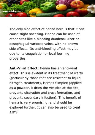 www.onislam.net
- 171 -
The only side effect of henna here is that it can
cause slight sneezing. Henna can be used at
other sites like a bleeding duodenal ulcer or
oesophageal varicose veins, with no known
side effects. Its anti-bleeding effect may be
due to its coagulation or local burning
properties.
Anti-Viral Effect: Henna has an anti-viral
effect. This is evident in its treatment of warts
(particularly those that are resistant to liquid
nitrogen treatment), Herpes Simplex (applied
as a powder, it dries the vesicles at the site,
prevents ulceration and crust formation, and
prevents secondary infection). This benefit of
henna is very promising, and should be
explored further. It can also be used to treat
AIDS.
 