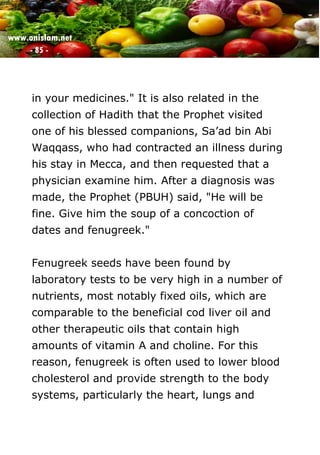 www.onislam.net
- 85 -
in your medicines." It is also related in the
collection of Hadith that the Prophet visited
one of his blessed companions, Sa'ad bin Abi
Waqqass, who had contracted an illness during
his stay in Mecca, and then requested that a
physician examine him. After a diagnosis was
made, the Prophet (PBUH) said, "He will be
fine. Give him the soup of a concoction of
dates and fenugreek."
Fenugreek seeds have been found by
laboratory tests to be very high in a number of
nutrients, most notably fixed oils, which are
comparable to the beneficial cod liver oil and
other therapeutic oils that contain high
amounts of vitamin A and choline. For this
reason, fenugreek is often used to lower blood
cholesterol and provide strength to the body
systems, particularly the heart, lungs and
 