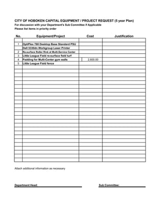 CITY OF HOBOKEN CAPITAL EQUIPMENT / PROJECT REQUEST (5 year Plan)
For discussion with your Department's Sub Committee if Applicable
Please list items in priority order

No.               Equipment/Project                    Cost                 Justification

  1   OptiPlex 760 Desktop Base Standard PSU
      Dell 5330dn Workgroup Laser Printer
  2   Re-surface Roller Rink at Multi-Service Center
  3   Little League Field re-surface field turf
  4   Padding for Multi-Center gym walls               2,600.00
  5   Little League Field fence




Attach additional information as necessary




Department Head:                                                  Sub Committee:
 