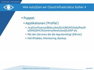VSHN AG I Neugasse 10 I 8005 Zürich I T 044 545 53 00 www.vshn.ch
Wie nutz(t)en wir Cloud Infrastruktur bisher 4
●
Puppet
●
Applikationen ('Profile')
●
Jira/Confluence/Bitbucket/ELK/BGP/Gitlab/Postfi
x/DNS/DHCP/Jenkins/Nextcloud/LDAP etc
●
Mit den Services die die App benötigt (DB etc)
●
Inkl IPtables, Monitoring, Backup
 