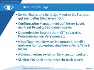 VSHN AG I Neugasse 10 I 8005 Zürich I T 044 545 53 00 www.vshn.ch
Herausforderungen
●
Server Skalierung benötigt Minuten bis Stunden,
ggf manuelles Eingreifen nötig
●
Configuration Management auf Server-Level,
nicht auf Projekt/Deployment-Level
●
Dependencies in separatem GIT, separates
Koordinieren von Versionen etc
●
Hinzufügen von Services ist komplex, betrifft
mehrere Komponenten, viele bewegliche Teile &
Risiko
●
Abhängigkeiten zwischen Services zur Laufzeit
●
Skaliert OK nach oben, schlecht nach unten
 