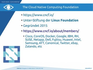 VSHN AG I Neugasse 10 I 8005 Zürich I T 044 545 53 00 www.vshn.ch
The Cloud Native Computing Foundation
●
https://www.cncf.io/
●
Unter-Stiftung der Linux Foundation
●
Gegründet 2015
●
https://www.cncf.io/about/members/
●
Cisco, CoreOS, Docker, Google, IBM, RH,
SUSE, Netapp, Dell, Fujitsu, Huawei, Intel,
Samsung, ATT, Canonical, Twitter, ebay,
Zalando, etc
 