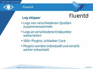 VSHN AG I Neugasse 10 I 8005 Zürich I T 044 545 53 00 www.vshn.ch
Fluentd
Log shipper
●
Logs von verschiedenen Quellen
zusammensammeln
●
Logs an verschiedene Endpunkte
weiterleiten
●
500+ Plugins, schlanker Core
●
Plugins werden individuell und verteilt
weiter entwickelt
 