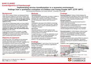 Implementing service transformation in a recession environment:
findings from a qualitative evaluation of Children and Young People IAPT (CYP IAPT)
Aris Komporozos-Athanasiou and Louise Lafortune*, University of Cambridge
Background
•DOH1
aims to expand Children and Adolescent Mental
Health Services (CAMHS) to cover 60% of children and
young adults in England by 2016, through “whole system
transformation” powered by staff and managers training
in evidence based practice, and routine outcomes
measure (ROMs).
•Five Learning Collaboratives made up of local CAMHS
partnerships (composed of NHS trusts, local authorities,
voluntary sector organisations) and Higher Education
Institutes have been set up to make this happen. And
expansion is ongoing, with new partnerships being
formed across the country.
•In the context of an economic recession, the dual
challenge for the NHS is to transform CAMHS while
managing the increased strains placed upon those who
deliver (transforming) frontline services.
NIHR CLAHRC
Cambridgeshire & Peterborough
Con
References
1. DoH 2010 / 2. Doh 2012 / 3. Exworthy 2012 / 4. Pettigrew 1988 / 5. Dopson
2003 / 6. Census 2011 / Ferlie 2013.
*Contact: Louise Lafortune at ll394@medschl.cam.ac.uk
Objective & approach
•According to DoH2
, this challenge can be addressed
through ‘sharing the success stories’ and through
demonstration of the value of CYP IAPT, especially from
the perspective of service users & frontline staff.
•We conducted a case study to examine how the shift
towards an evidence-based environment and a focus
on ROMs is negotiated in practice with other aspects of
clinical work within the service, such as organisational
culture, teamwork, and service user involvement.
•This work is part of a comprehensive evaluation, which
looks at the implementation, outcomes and cost of CYP
IAPT.
Findings
Perceived problem 1: Lack of buy-in from front line staff
& low morale as a result of continuous organisational
changes, cost cutbacks.
Emergent solutions:
•Transformation should be operationalized in
organizational governance (not as abstract concept)
•CAHMS managers should better engage with staff’s
concerns around how IAPT data is used in relation to
‘performance management’
•Reporting systems should be easy to use by staff
Conclusions
Our case study highlighted specific tensions that should be
addressed for transformation to succeed. We suggest that
more attention be paid to the cultural meanings of
implementation and the emerging realities of networked
governance that are needed in CYP IAPT.
Methods
Theoretical framing
•We conceptualize transformation not simply in relation to
‘clinical practice’ but also as a change in dominant
ideologies, the underlying cultural systems of meaning,
and the shifting power relations within the service.3-5
Design
•Interpretative case study at the CAMHS in Cambridge
(Dec 2012 – June 2013); part of the UCL/KCL Learning
Collaborative which covers an estimated population of
1.3M aged 0-19 years.6
Data sources
•Document analysis of CYP IAPT guidance notes,
implementation records, meeting agendas and minutes
covering a period of 18 months.
•In-depth interviews (n=11) with key stakeholders (Trust
and clinical managers, consultant psychologists, CYP
IAPT trained staff, voluntary representatives).
•Non-participant observation of meetings and related
events (n = 6); and informal discussions.
Findings
Perceived problem 2: Collision of ethos between the
multi-partnership and multi-agency culture of IAPT and the
structure of health authorities resulting in the latter loosing
touch of day-to-day enactment of transformation.
Emergent solutions:
•(Some) members of the executive should be part of
transformation steering boards
•Efficient integration of stakeholders from the voluntary
sector, schools and commissioning groups
•Establishing and maintaining informal communication
channels alongside formal meetings is very important
Perceived problem 3: Conflict between evidence-based
requirements and requirements of day-to-day clinical
practice (e.g. appropriateness of ROMs re severity;
perception of relevant ROMs varies among clinicians)
Emergent Solutions:
•Embed conversations about putting ROMs into practice in
team meetings to promote collaboration, discussions
around the meaning and importance of different types of
evidence.7
•Establish a clear mandate for service user involvement.
 