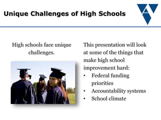 Unique Challenges of High Schools
This presentation will look
at some of the things that
make high school
improvement hard:
• Federal funding
priorities
• Accountability systems
• School climate
High schools face unique
challenges.
 