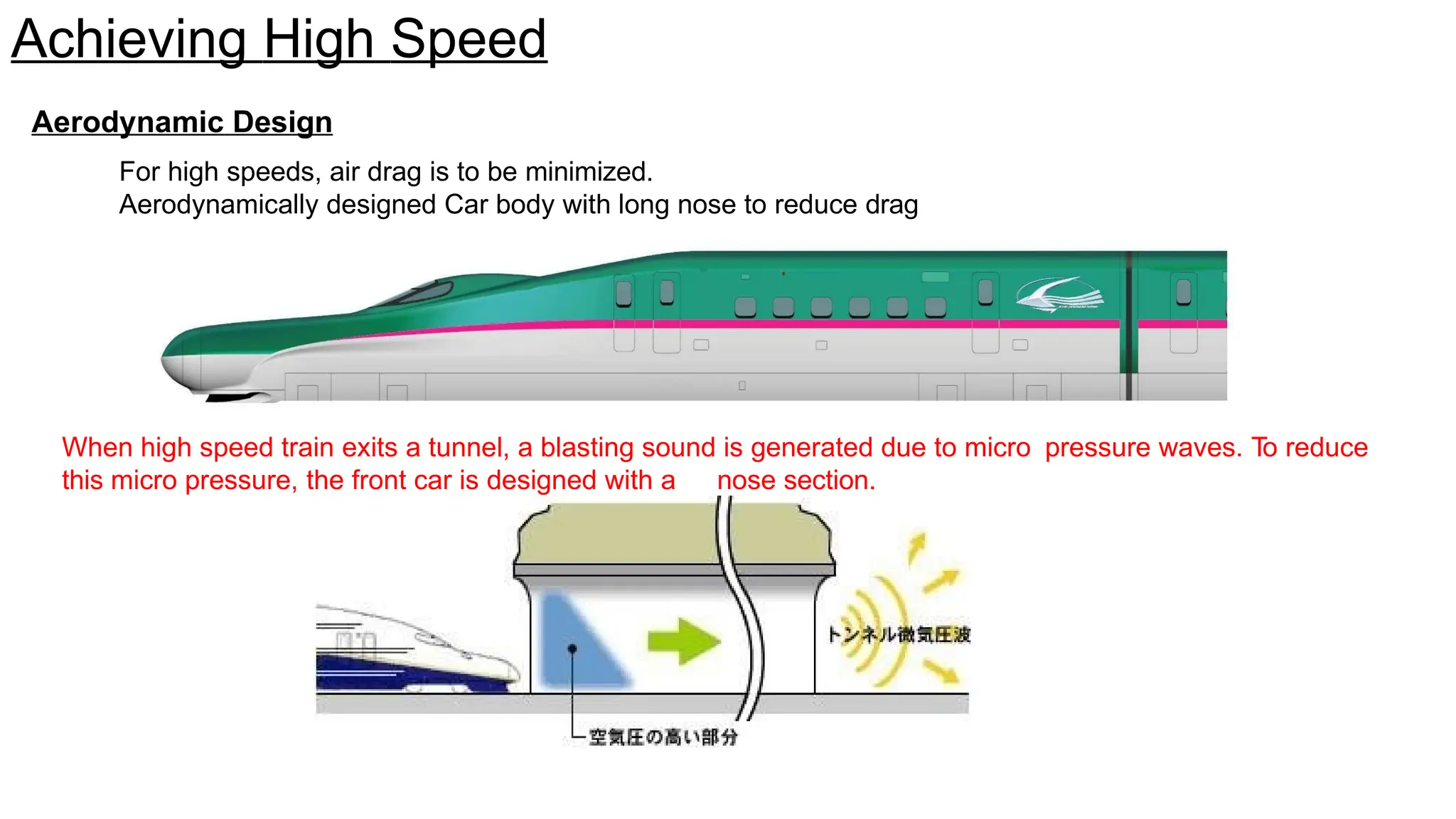 Achieving High Speed
Aerodynamic Design
For high speeds, air drag is to be minimized.
Aerodynamically designed Car body with long nose to reduce drag
When high speed train exits a tunnel, a blasting sound is generated due to micro pressure waves. To reduce
this micro pressure, the front car is designed with a nose section.
 