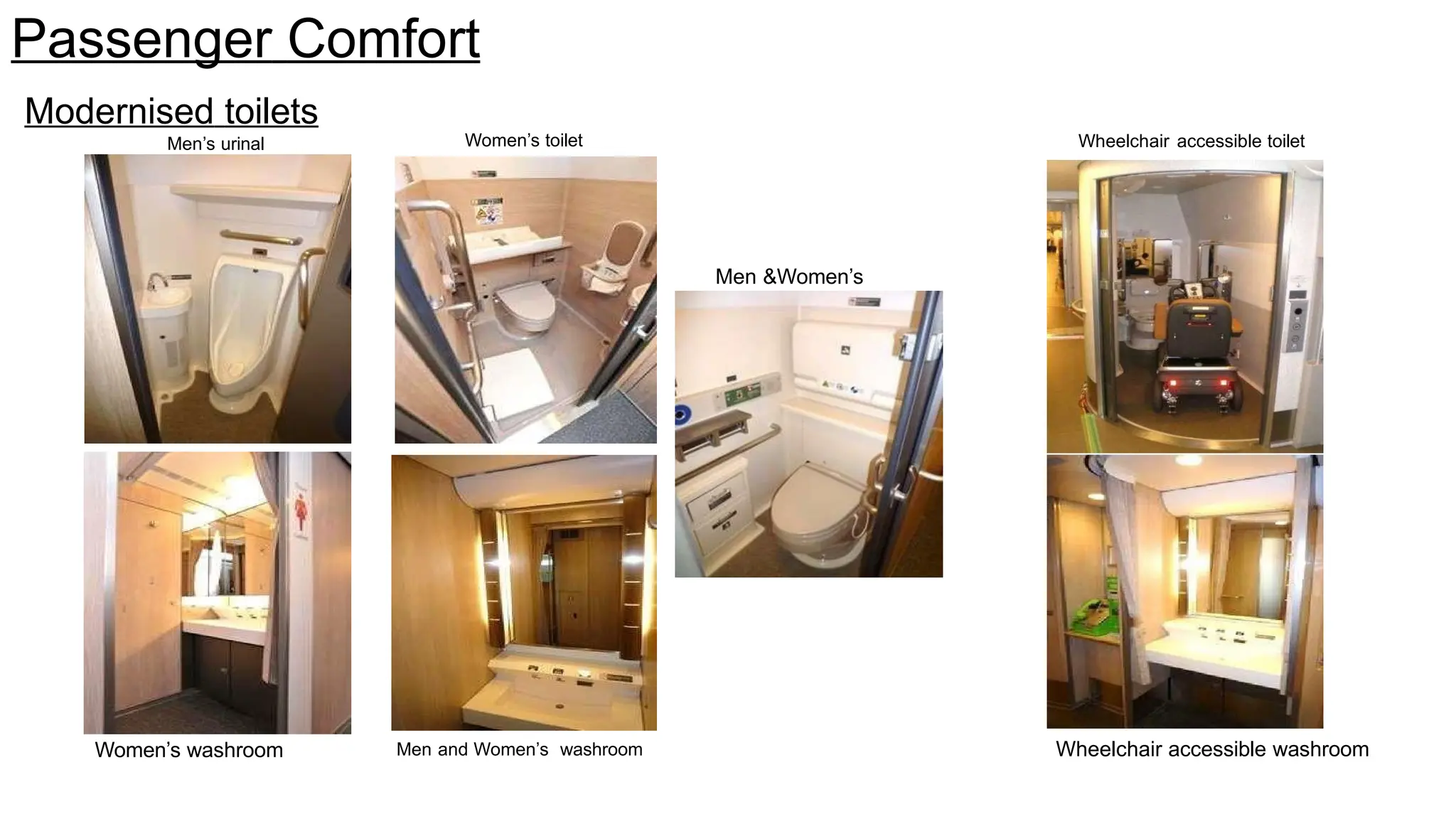 Passenger Comfort
Men &Women’s
toilet
Women’s toilet
Men and Women’s washroom
Wheelchair accessible toilet
Modernised toilets
Men’s urinal
Women’s washroom Wheelchair accessible washroom
 