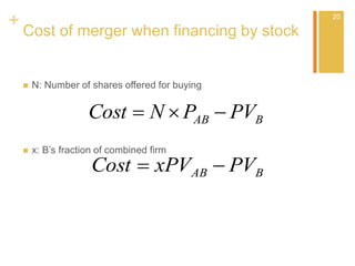 +
Cost of merger when financing by stock
 N: Number of shares offered for buying
 x: B’s fraction of combined firm
20
BAB PVPNCost 
BAB PVxPVCost 
 