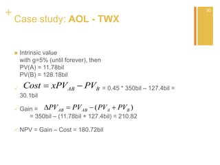 +
Case study: AOL - TWX
 Intrinsic value
with g=5% (until forever), then
PV(A) = 11.78bil
PV(B) = 128.18bil
 = 0.45 * 350bil – 127.4bil =
30.1bil
 Gain =
= 350bil – (11.78bil + 127.4bil) = 210.82
 NPV = Gain – Cost = 180.72bil
30
BAB PVxPVCost 
)( BAABAB PVPVPVPV 
 