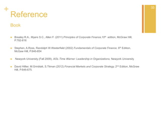 +
Reference
Book
 Brealey R.A., Myers S.C., Allen F. (2011) Principles of Corporate Finance,10th edition, McGraw Hill,
P.792-816
 Stephen, A.Ross, Randolph W.Westerfield (2002) Fundamentals of Corporate Finance, 6th Edition,
McGaw Hill, P.846-854
 Newyork University (Fall 2009), AOL-Time Warner: Leadership in Organizations, Newyork University
 David Hillier, M.Grinblatt, S.Titman (2012) Financial Markets and Corporate Strategy, 2nd Edition, McGraw
Hill, P.646-675.
33
 