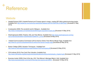+
Reference
Website
 Hewlett-Packard (2001) Hewlett-Packard and Compaq agree to merge, creating $87 billion global technology leader,
Available from http://www8.hp.com/us/en/hp-news/press-release.html?id=230610#.U3-QKFiSxy8 [Accessed 21 May
2014]
 Investopedia (2009) The wonderful world of Mergers , Available from
http://www.investopedia.com/articles/stocks/09/merger-acquisitions-types.asp [Accessed 15 May 2014]
 Washingtonpost (2005) Timeline: AOL and Time Warner, Available from http://www.washingtonpost.com/wp-
dyn/content/article/2005/10/28/AR2005102800747_pf.html [Accessed 20 May 2014]
 Federal Communications Commission (2014) America Online-Time Warner Merger Page, Available from
http://www.fcc.gov/encyclopedia/america-online-time-warner-merger-page [Accessed 20 May 2014]
 Boston College (2005) Valuation Techniques, Available from
http://www.bc.edu/clubs/bcfa/docs/vault/Valuation%20Techniques.pdf [Accessed 23 May 2014]
 CFA Institute (2010) Free Cash Flow Valuation, Available from
http://www.cfainstitute.org/learning/products/publications/inv/Documents/equity_chapter4.pptx [Accessed 21 May 2015]
 Business Insider (2009) Chart of the day: AOL Time Warner’s Marriage Made in Hell, Available from
http://www.businessinsider.com/chart-of-the-day-time-warner-aol-2009-5 , [Accessed 19 May 2014]
 