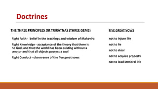 Doctrines
THE THREE PRINCIPLES OR TRIRATNAS (THREE GEMS)
Right Faith - belief in the teachings and wisdom of Mahavira
Right Knowledge - acceptance of the theory that there is
no God, and that the world has been existing without a
creator and that all objects possess a soul
Right Conduct - observance of the five great vows
FIVE GREAT VOWS
not to injure life
not to lie
not to steal
not to acquire property
not to lead immoral life
 