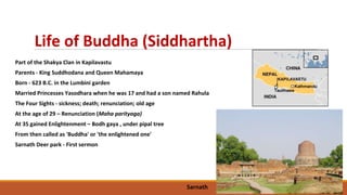Life of Buddha (Siddhartha)
Part of the Shakya Clan in Kapilavastu
Parents - King Suddhodana and Queen Mahamaya
Born - 623 B.C. in the Lumbini garden
Married Princesses Yasodhara when he was 17 and had a son named Rahula
The Four Sights - sickness; death; renunciation; old age
At the age of 29 – Renunciation (Maha parityaga)
At 35 gained Enlightenment – Bodh gaya , under pipal tree
From then called as 'Buddha' or 'the enlightened one'
Sarnath Deer park - First sermon
Sarnath
 