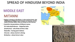 MITANNI
▪ Region is known as Kurdistan. In the ancient times, the
inhabitants of Mitanni were known as Hurrians. In the
Judeo-Christian Bible, they are known as the Horites.
▪ Sanskritic interpretations of Mitanni names
EX: Indaruda/Endaruta - helped by Indra
Artashumara - who thinks of Arta or Ṛta
Šubandhu - having good relatives
Citrarata - whose chariot is shining
Biridashva - whose horse is dear
MIDDLE EAST
SPREAD OF HINDUISM BEYOND INDIA
 