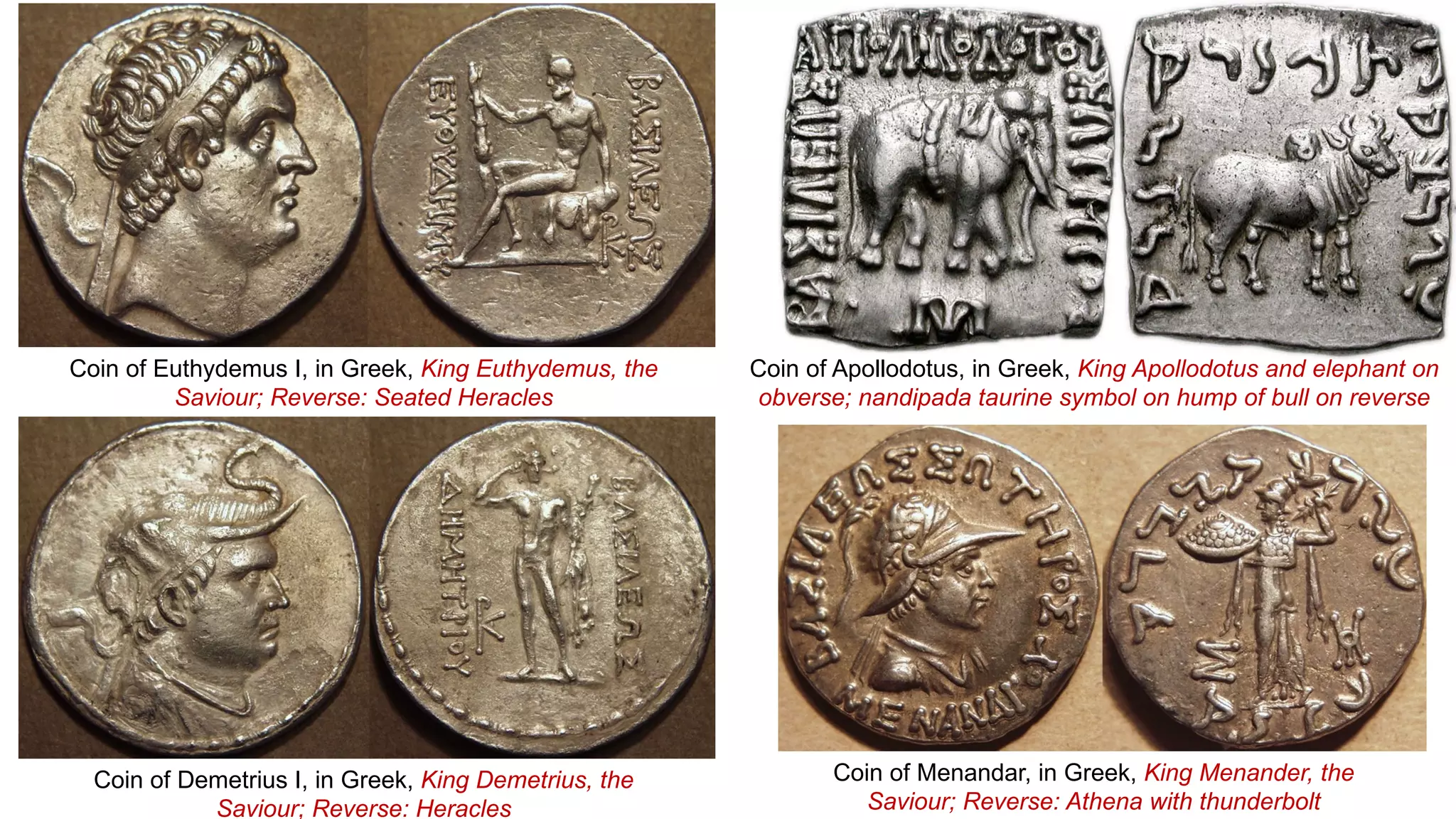Coin of Apollodotus, in Greek, King Apollodotus and elephant on
obverse; nandipada taurine symbol on hump of bull on reverse
Coin of Menandar, in Greek, King Menander, the
Saviour; Reverse: Athena with thunderbolt
Coin of Demetrius I, in Greek, King Demetrius, the
Saviour; Reverse: Heracles
Coin of Euthydemus I, in Greek, King Euthydemus, the
Saviour; Reverse: Seated Heracles
 