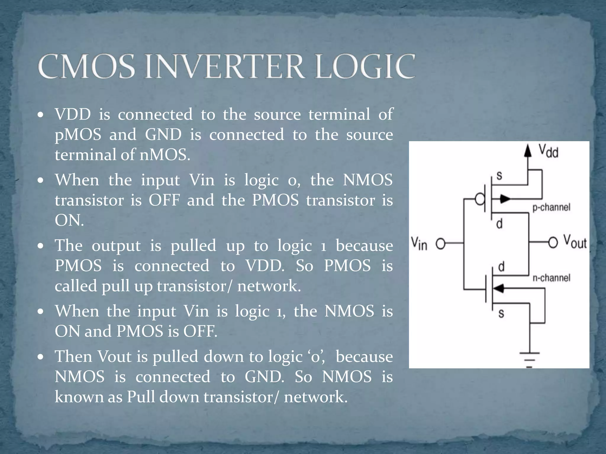  VDD is connected to the source terminal of
pMOS and GND is connected to the source
terminal of nMOS.
 When the input Vin is logic 0, the NMOS
transistor is OFF and the PMOS transistor is
ON.
 The output is pulled up to logic 1 because
PMOS is connected to VDD. So PMOS is
called pull up transistor/ network.
 When the input Vin is logic 1, the NMOS is
ON and PMOS is OFF.
 Then Vout is pulled down to logic ‘0’, because
NMOS is connected to GND. So NMOS is
known as Pull down transistor/ network.
 