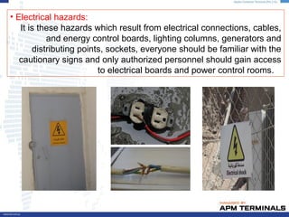 • Electrical hazards:
It is these hazards which result from electrical connections, cables,
and energy control boards, lighting columns, generators and
distributing points, sockets, everyone should be familiar with the
cautionary signs and only authorized personnel should gain access
to electrical boards and power control rooms.
 