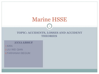 Marine HSSE
                            1


          TOPIC: ACCIDENTS, LOSSES AND ACCIDENT
                        THEORIES

         ANNA GROUP
1.KIRA
2.LIU WEI QIAN
3.FARHANAH BEGUM
 